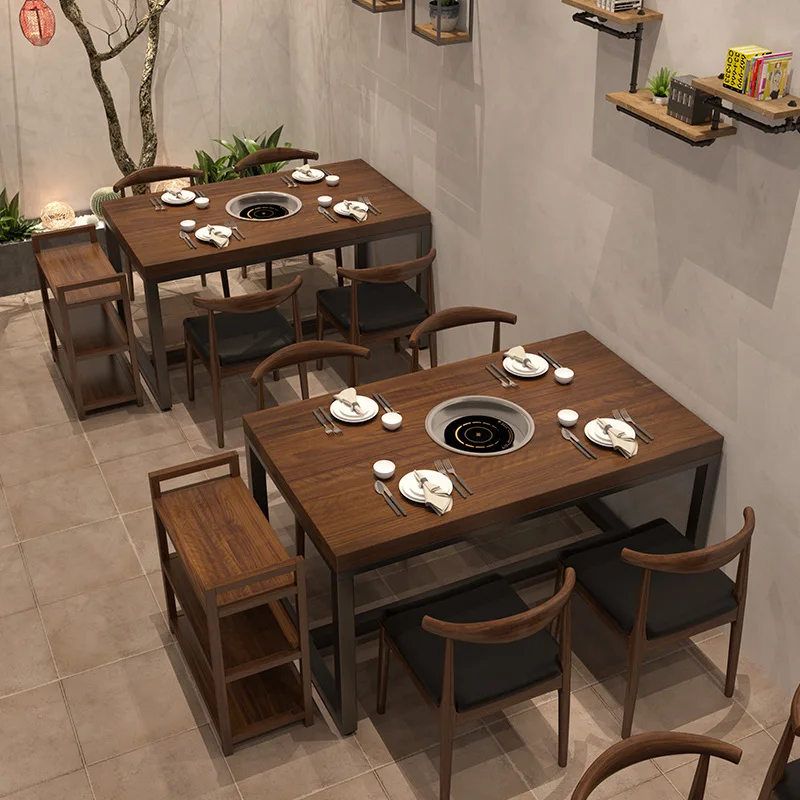 Solid wood hot pot table with induction cooker integrated dining table commercial skewers barbecue shop rectangular table