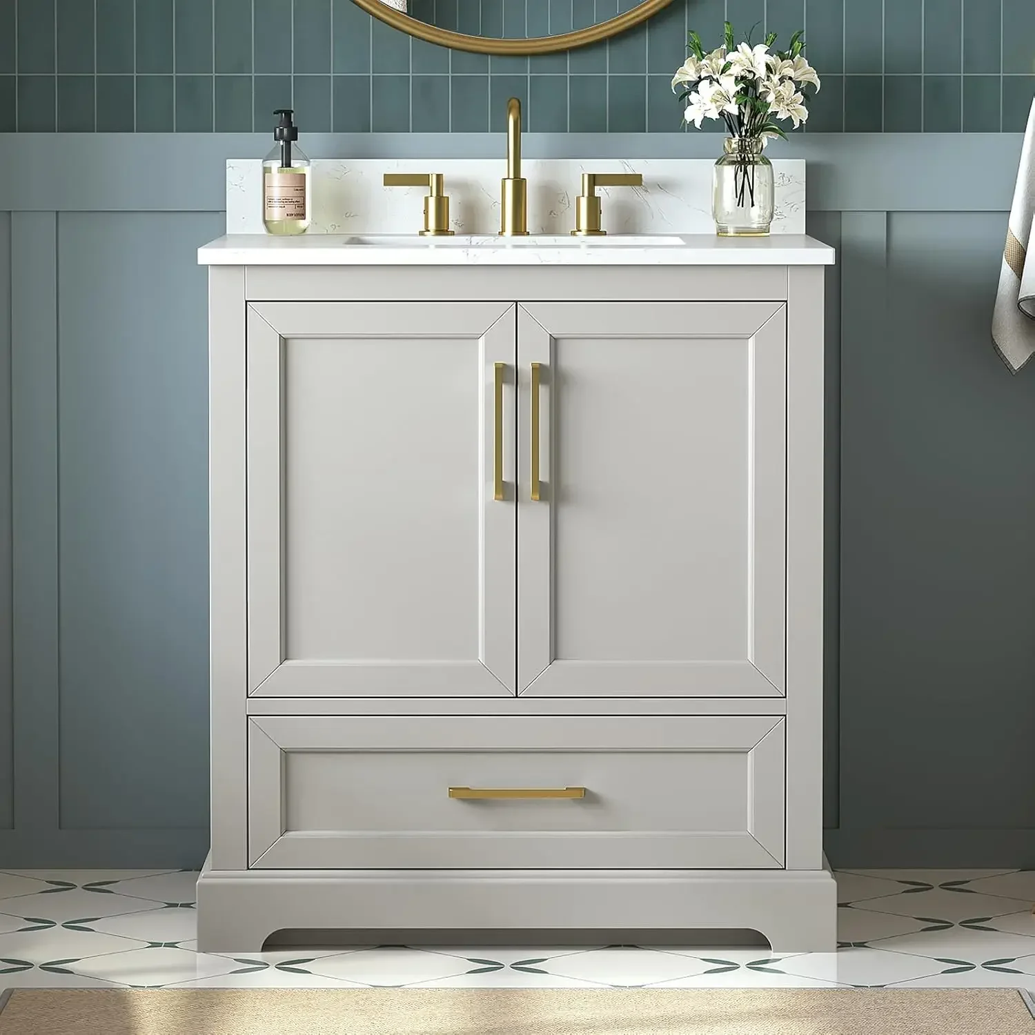 

30in Solid Wood Bathroom Vanity with Marble Top Sink Combo Soft-Close Doors Drawers Fully Assembled Greige Customized
