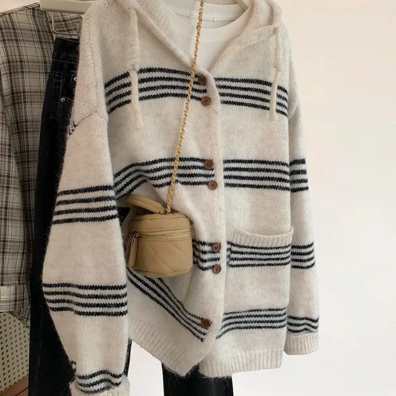 

Knitted Striped Hooded Sweater Cardigan Medi Coat Women Autumn Winter Loose Long Sleeve Hoodies Single Breasted Vintage Knitwear