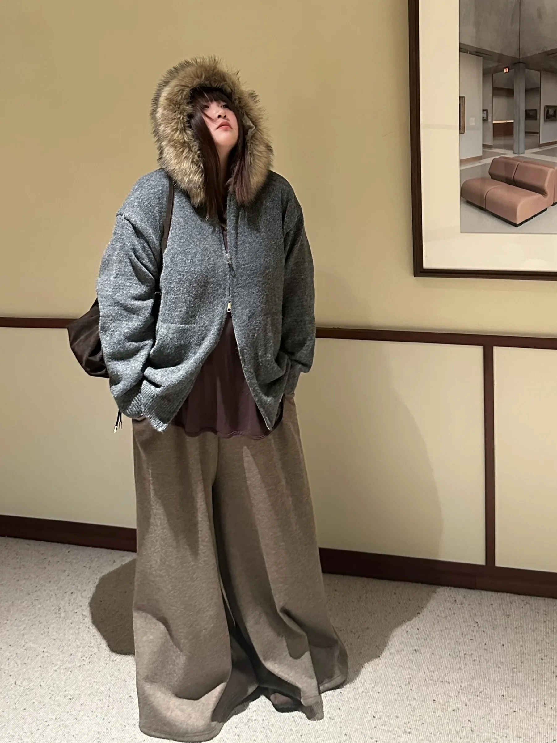 

Модный кардиган-жакет с эффектом похудения, на двойной молнии, с воротником, больших размеров, осенне-зимняя верхняя одежда оверсайз