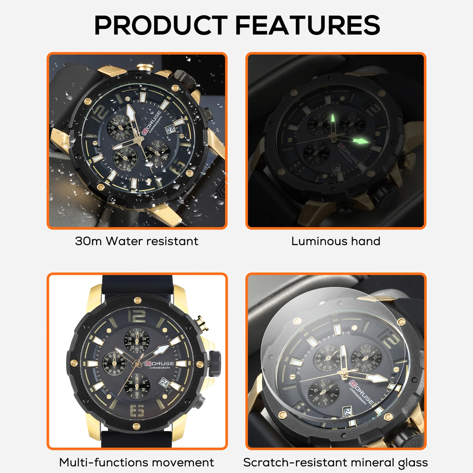 BORUSE Fashion Mens Watches Top Brand Black Gold Quartz Watch Man Silicone Chronos Business Wrist Watches Waterproof