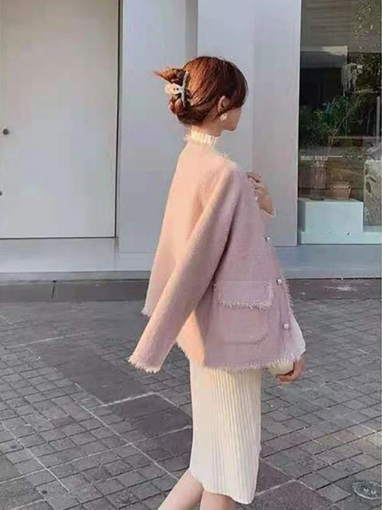 Pink Cardigan Small Fragrance Coat Women\'s Autumn and Winter New Slim Luxury Socialite Gentle Wind  Cardigan Crop Top  Cardigan