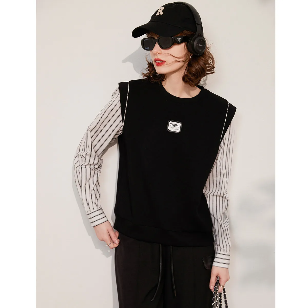 LOUIS YAO New Casual Striped Round Neck Women's Sweatshirts 2025 Spring Autumn Splicing Long Sleeve Hoodie Fake Two piece Tops