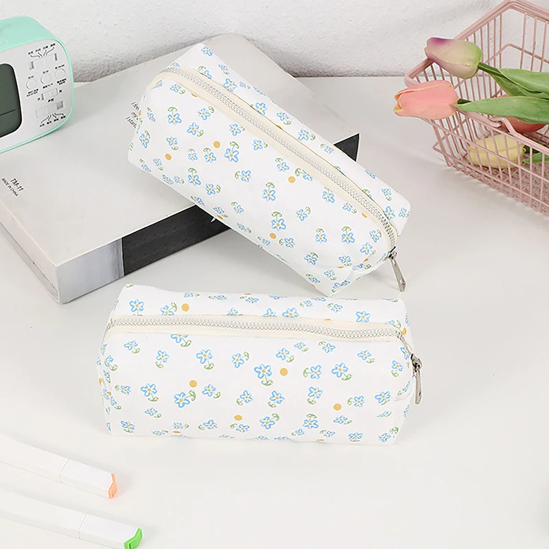 Simple Large Capacity Floral Pencil Case Cute Pencil Pouch Portable Cartoon Canvas Stationery Storage Bag School Supplies Gifts