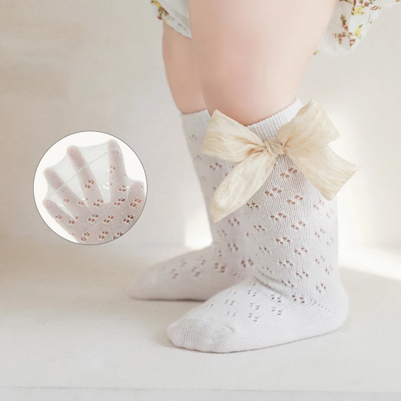 2023 Spring Baby Socks Infant Breathable Spanish Sock Girls Bows Hose Kids Hollow Floor Sokken Elastic Toddler Stockings New