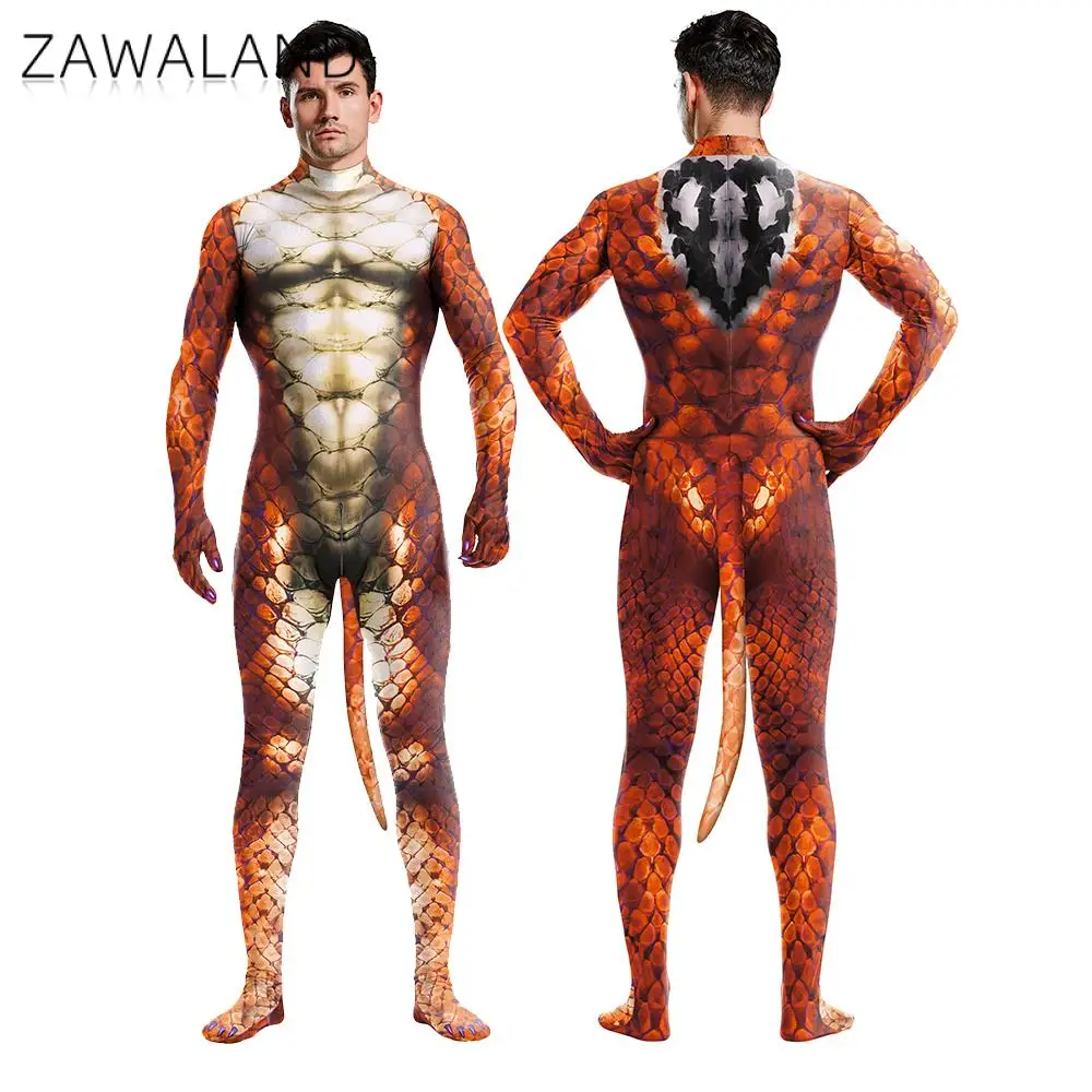 Zawaland ثعبان زي مع الذيل هالوين تأثيري Petsuit للرجل المنشعب زيبر كرنفال Catsuit عطلة Zentai ارتداءها الزي