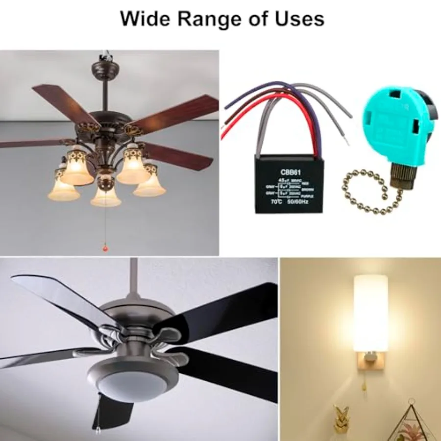 Ceiling Fan Capacitor CBB61 4.5uf + 6uf + 5uf 5wire 250V, Ceiling Fan Switch 3 Speed 4 Wire Pull Chain Switch for Fan, Wall Lam