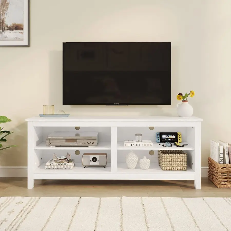 TV Stand, Classic 4 Cubby TV Stand for 60 inch TV, Entertainment Center Media Television Stand for Living Room Bedroom White, 55