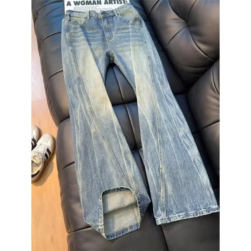 

Low Waist American Lightning Pattern Extended Length Jeans Women's Spring Autumn Deep Blue Slimming Wide Leg Pants