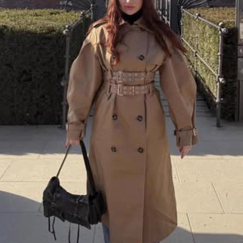 

Осень 2022, новое женское модное двухрядное двубортное короткое пальто с рукавами-фонариками и поясом с застежкой на талии