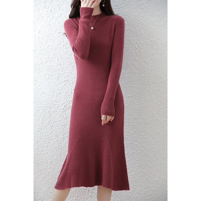 Cashmere Sweater Women\'s Knitted Dresses 100% Merino Wool O-Neck Elegant Party Dress Autumn Winter Female Pullover Casual Skirts