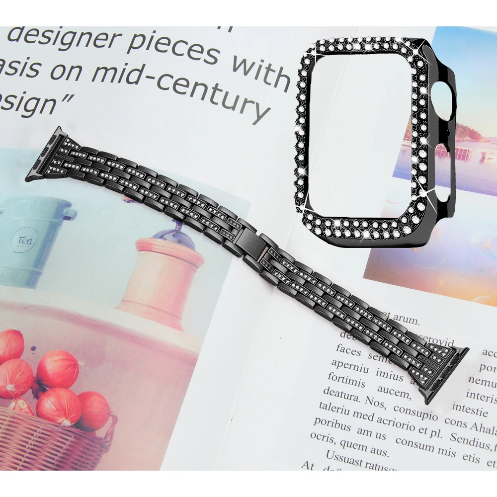Women's Diamond Case + Strap For Apple Watch Band 45mm 41 44 40 38 42mm Metal Bracelet Protective Cover iWatch Series9 7 6 SE 8