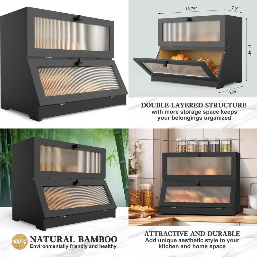 

Large Capacity Bamboo Bread Box with Window - Farmhouse Style Kitchen Counter Storage (Black)