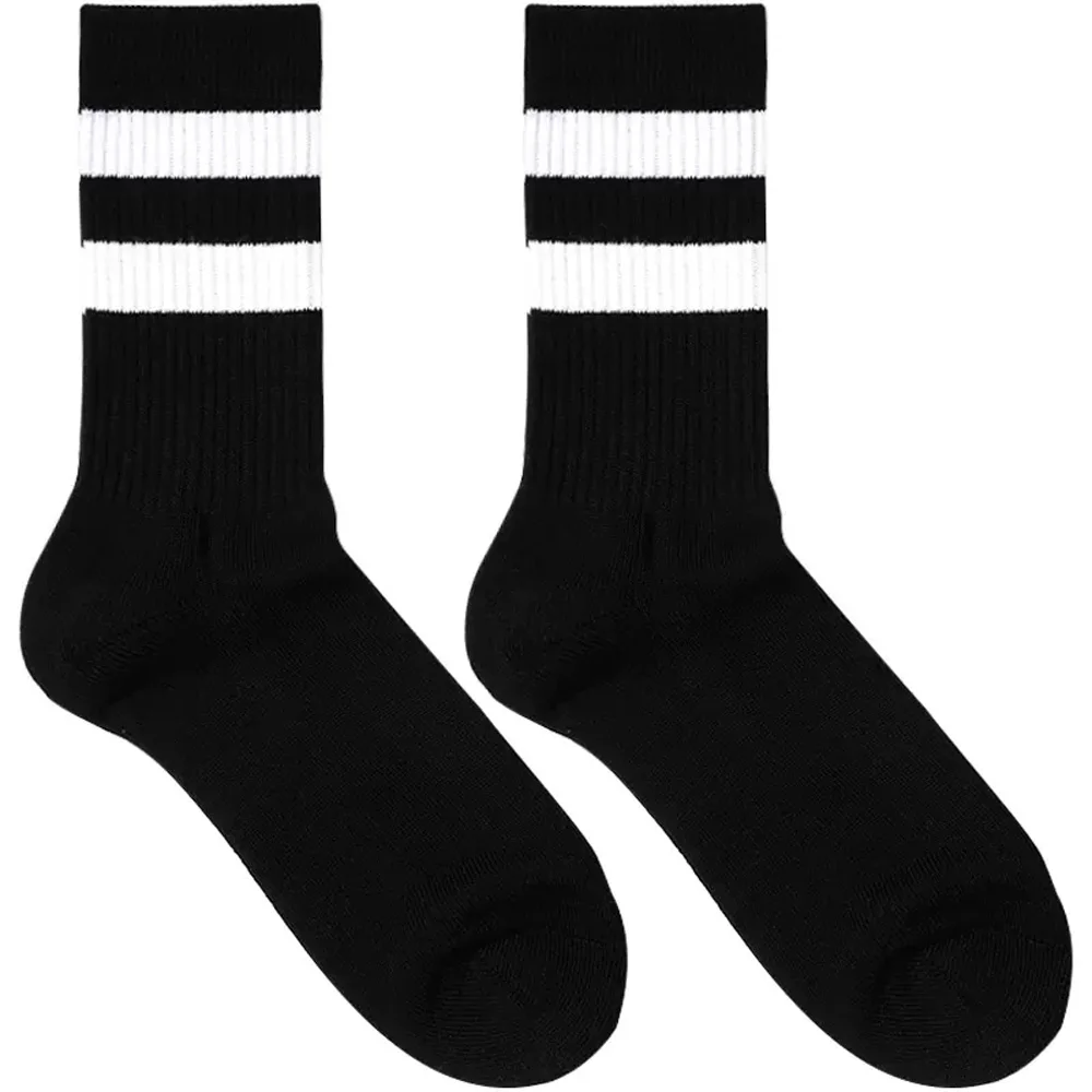 Men's Two Stripes Black and White Striped Sports Socks Medium Tall Fitness Towel Bottom Cotton Socks