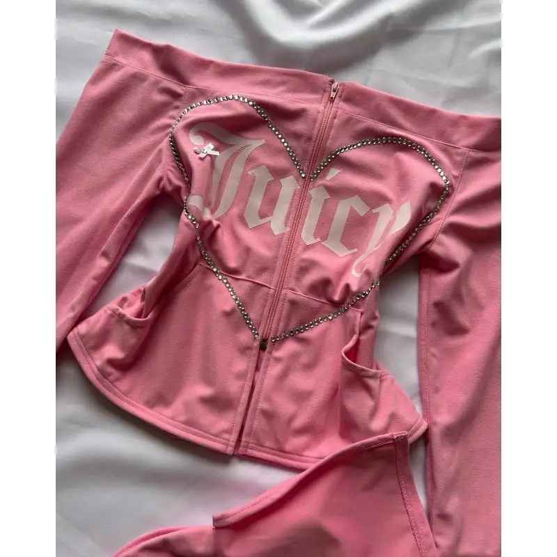 Y2K Cute Heart Rhinestone Two Piece Outfit Off Shoulder Flare Sleeve Top Mini Skirt 90s
