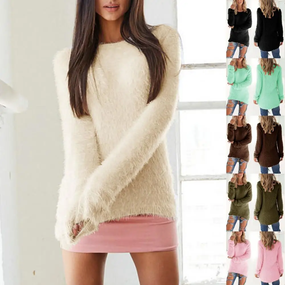 Lady  Simple Thick Fluffy Sweater Jumper Streetwear Women Sweater O-Neck   for Daily Wear