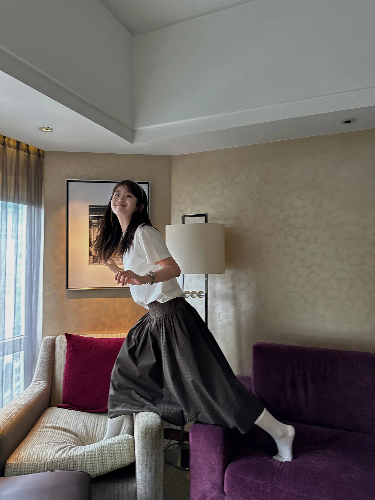 

Pure Cotton A-Line Skirt MultiMath Casual Caramel Latte Plaid Drapey Waist Design Ladies' Faion Autumn Season