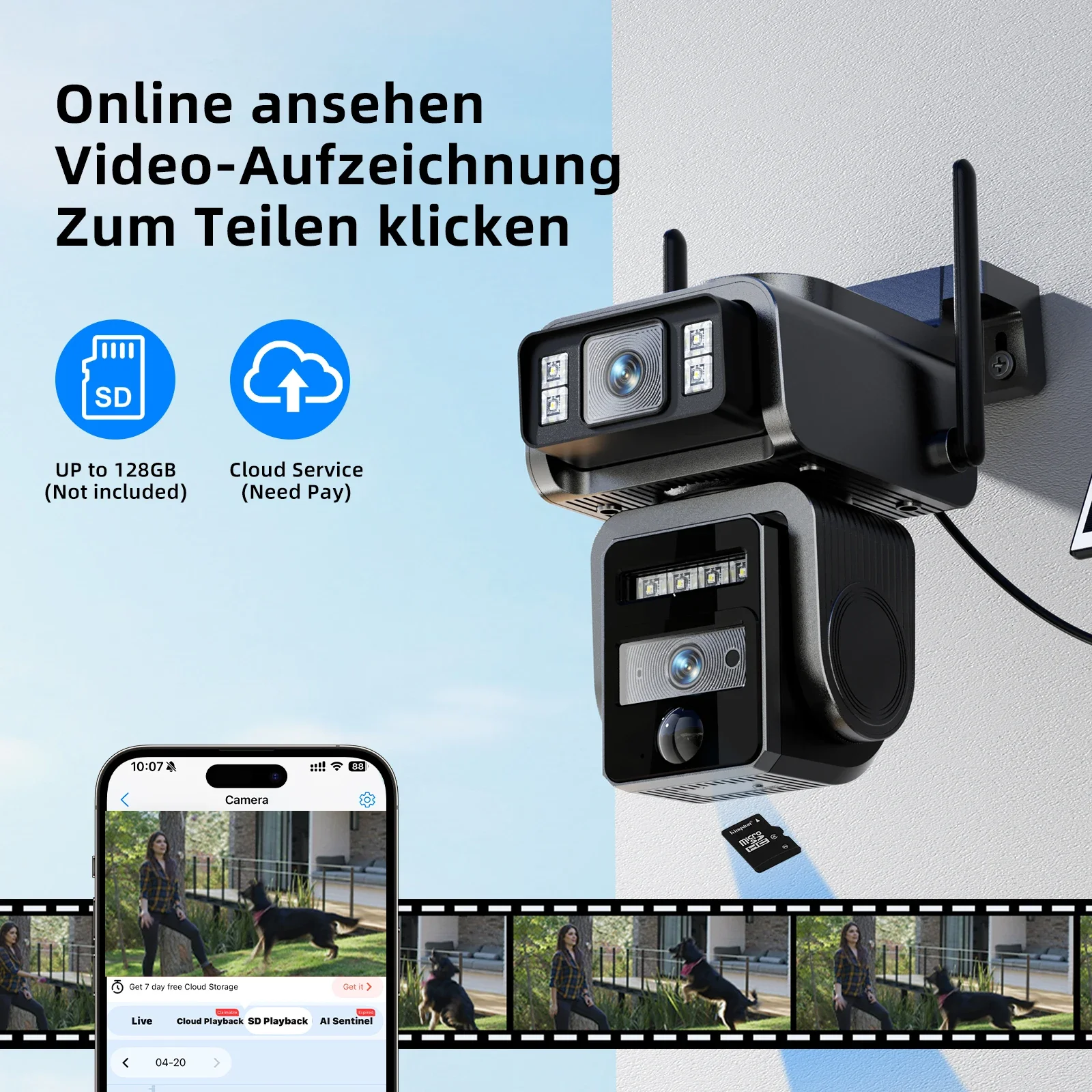 Telecamere di sicurezza WIFI solari a doppia lente da 8 MP con pannelli solari Visione notturna a colori Rilevazione movimento PIR Telecamera IP esterna iCam365