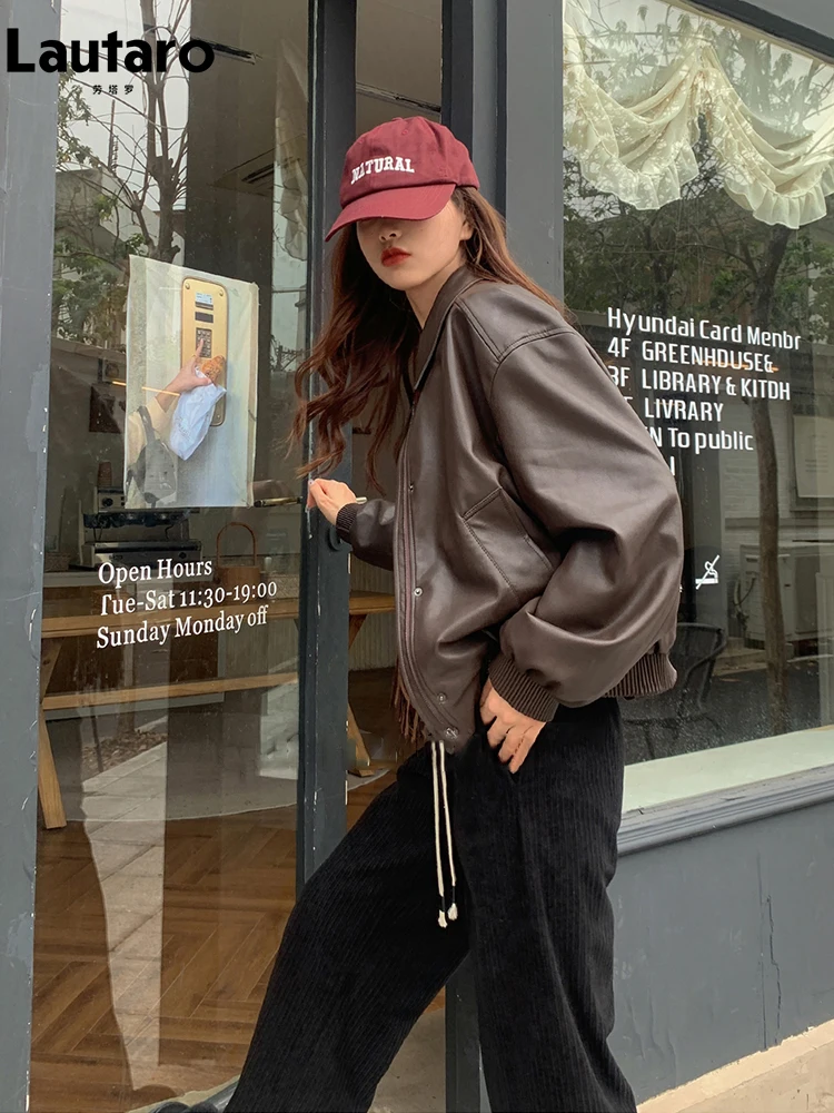 Lautaro Spring Autumn Oversized Casual Waterproof Coffe Soft Pu Leather Jacket Women with Drop Shoulder Long Sleeve Fashion 2023