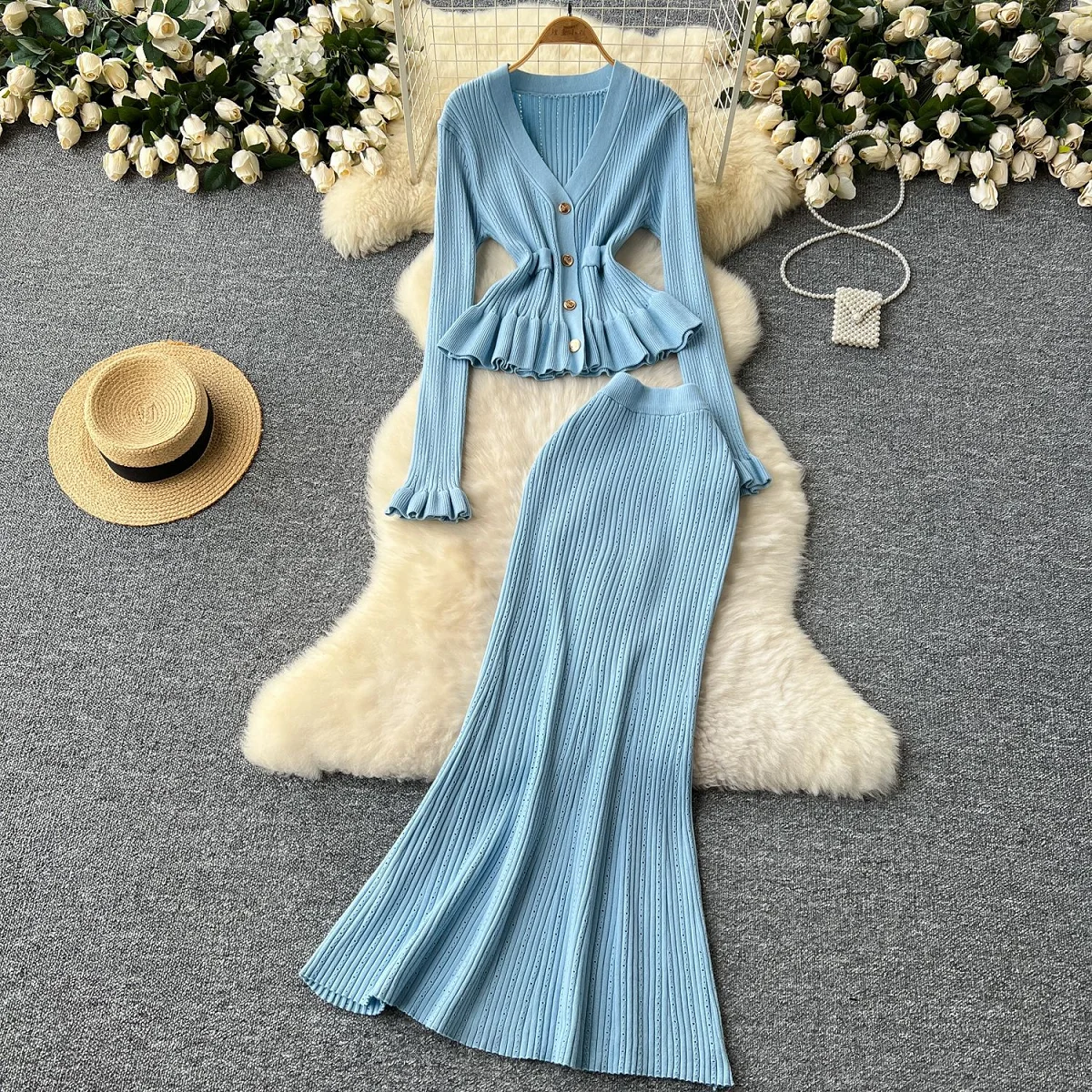 Autumn Korean Gentle Sweater 2 Piece Set Women Solid V-Neck Cardigan + High Waist Long Skirt Female Knitted Slim Elegant Suits