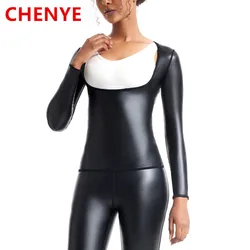 Women Body Shaper Faux Leather Long Sleeves Shirts U Neck Motorcycle Biker tops Waist Trainer Slim Shirt Fashion Shapewear tops