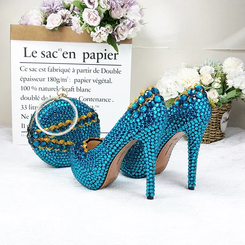 Autumn New Bluish Green crystal Womens Wedding shoes with matching bags high heels platform shoes and purse woman High shoes