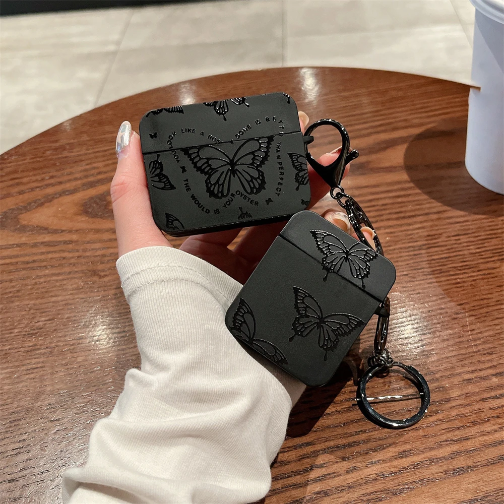 Luxury Cute Butterfly Leather Black Matte Square Earphone Case 1 2 3 With Keychain Shell Soft Protective Cover For Airpods Pro 2