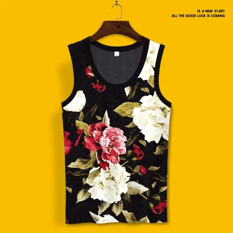 Tank Top Sleeveless T-shirt Men's Flower Vest Social Second Vest Trendy Brand Ice Silk Seaside Vacation Kan Sleeve Clothes Large