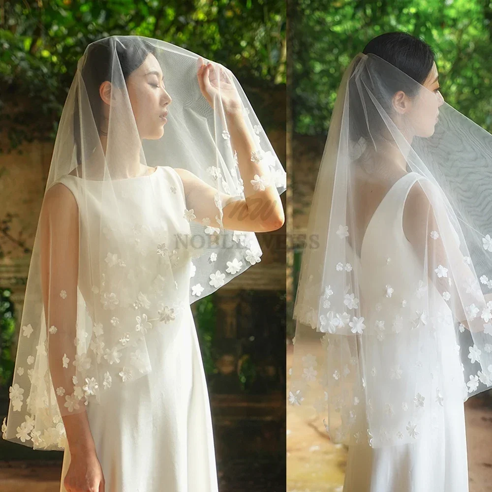 

3D Flowers Wedding Veil Cover Face Bridal Veils 2T Bride Veil With Comb Customized
