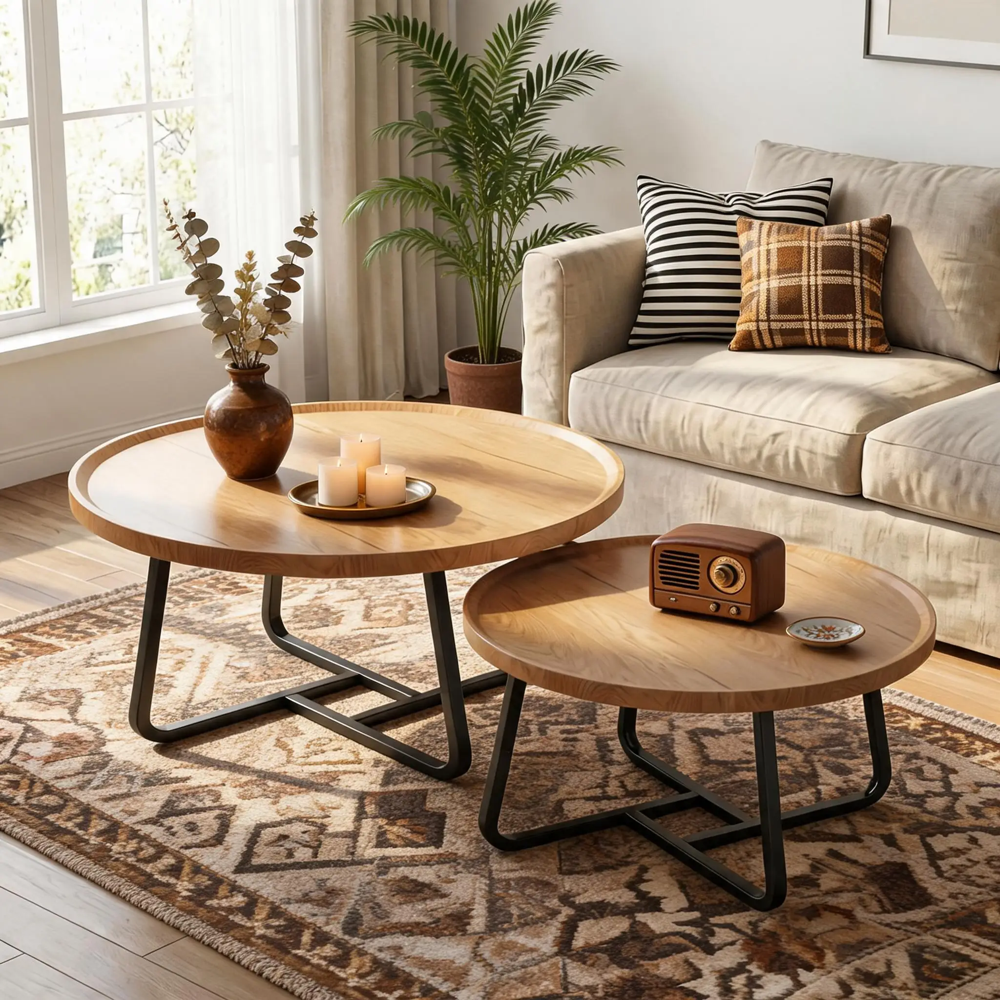 Set di 2 tavolini da caffè rotondi, 80 cm e 60 cm, tavolini da posizionare accanto al divano, tavolini laterali in stile nordico, struttura in metallo, mobili per la casa in stile moderno di metà