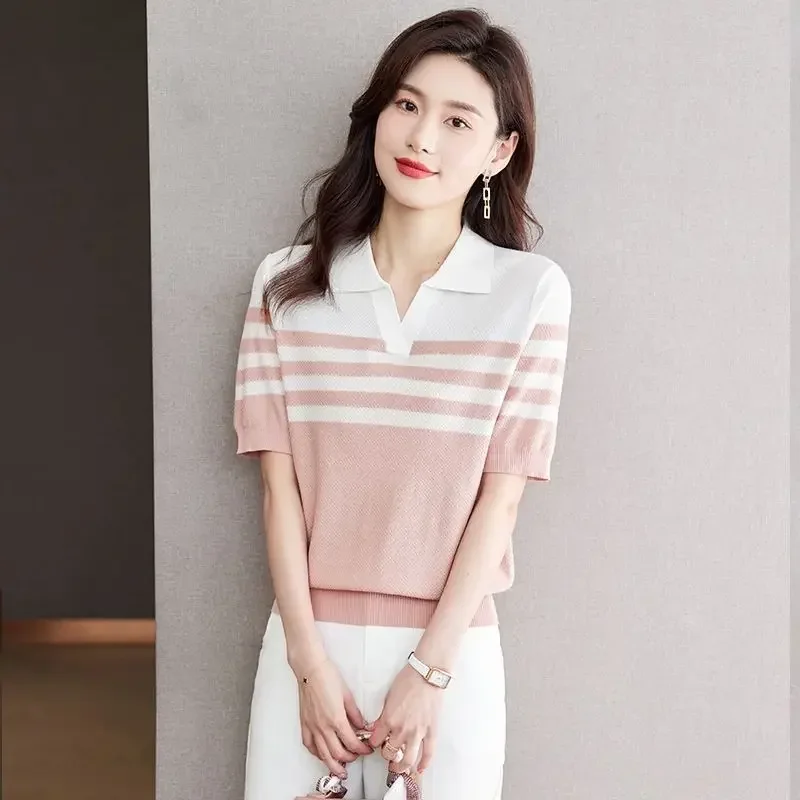 Korean Clothing Polyester Y2k Fashion Summer 2025 in Trend Polo Neck Shirt for Women Plain Striped Slim Woman T Synthetic Pretty