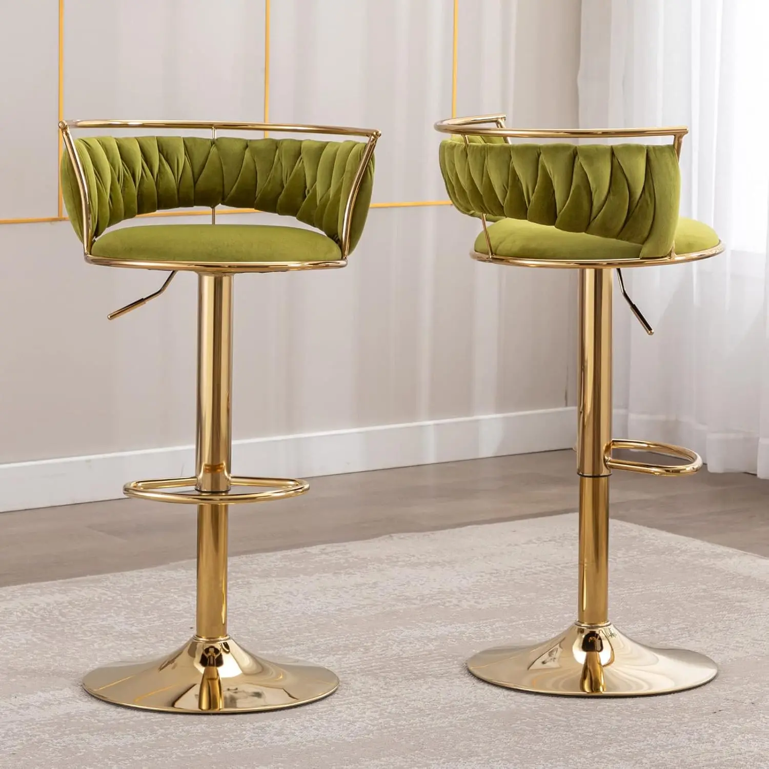

Woven Bar Stools Set of 2, Adjustable Counter Height Velvet Swivel Kitchen Stools with Back, Green