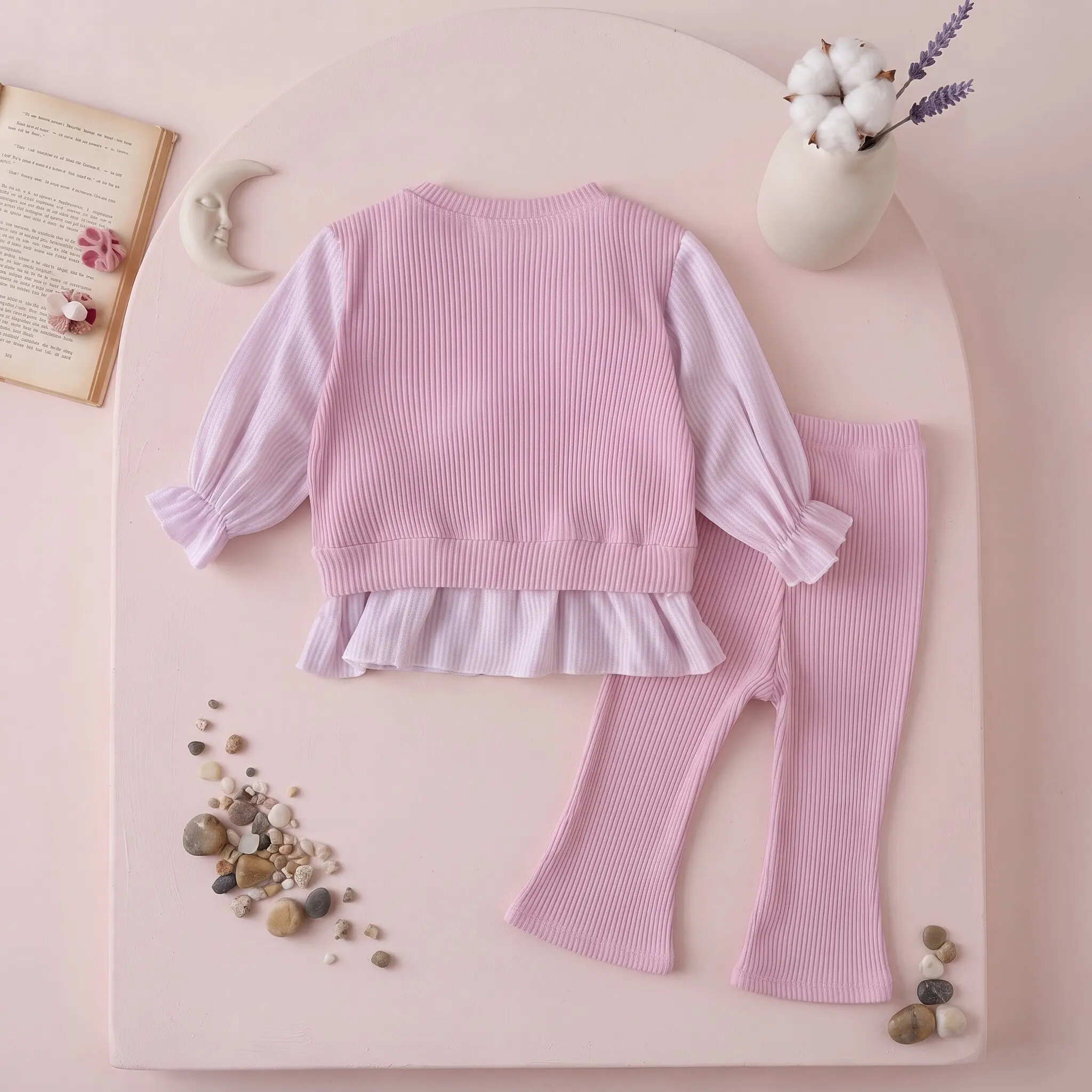 Korean Sweet Baby Girl 3D Flower Fake Two-Piece Outfit, Infant Ribbed Ruffle Splice Top Elastic Flare Pants 2Pcs Clothes