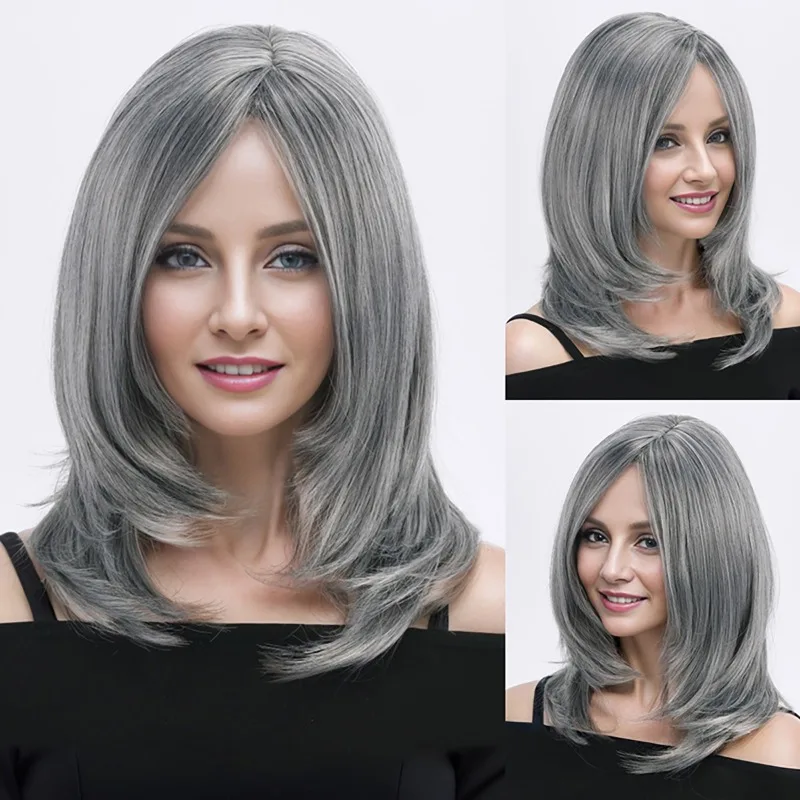 

Woman Center Parted Bangs POP Lady Daily Match Grandma Grey Medium Length Headgear Stage Perform Dress Up Shoulder Length Wig