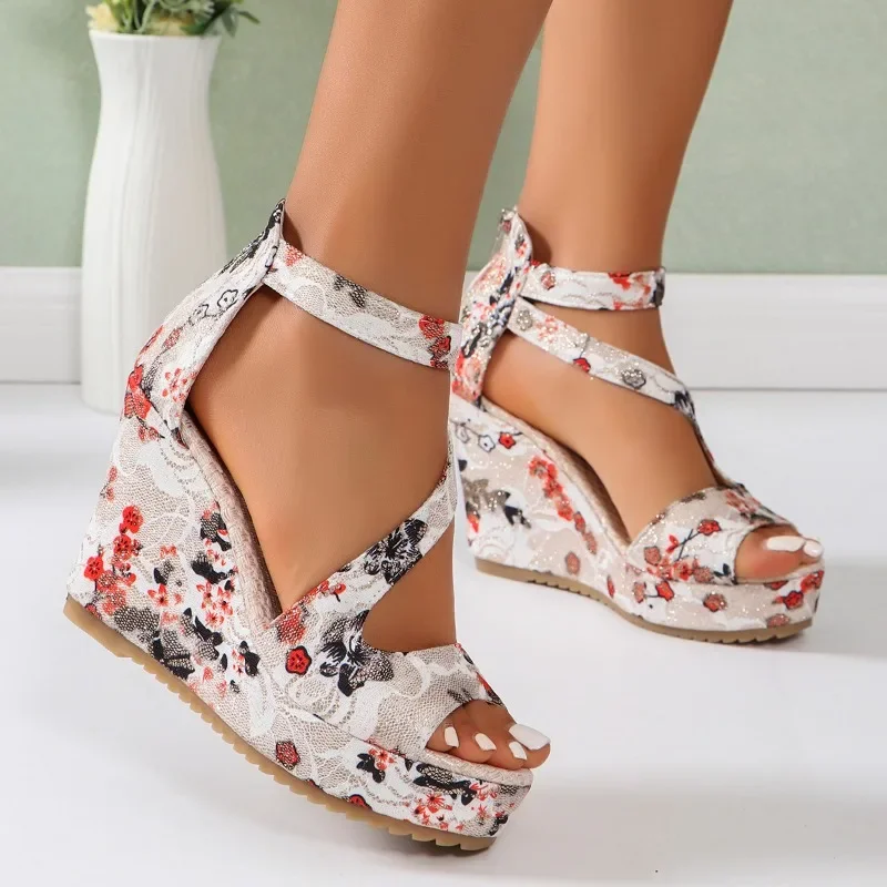 Damen Sandalen Sommer New Fashion Print Keil High Heel Sandalen Schnalle bequeme lässige Open Toe High Heel Schuhe große Mujer