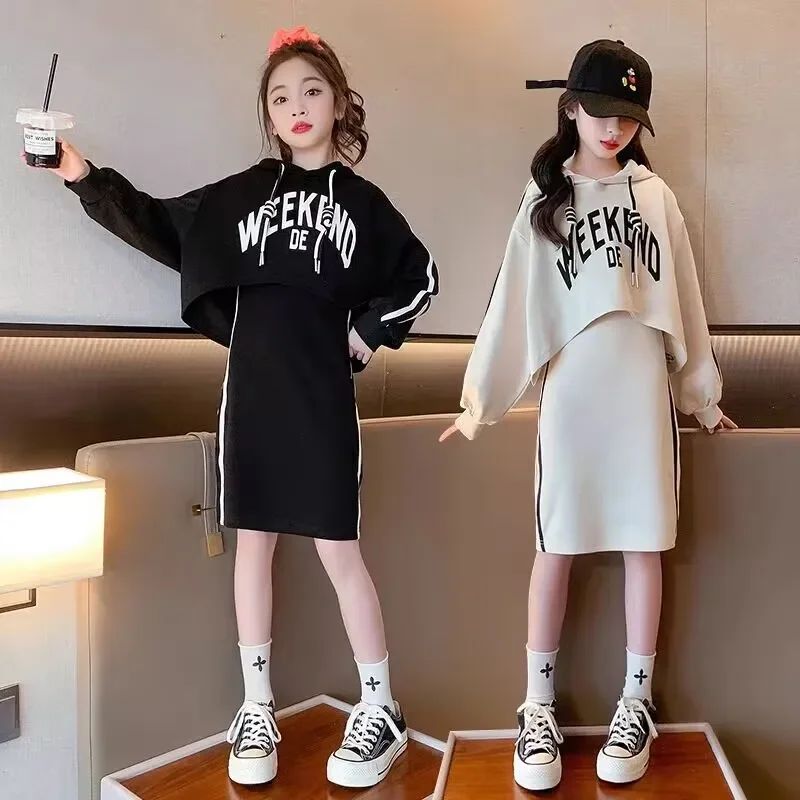 

2025 spring kids batwing Girls clothes Letter hooded sweatshirt teens top and bottom striped dress skirt 4 5 6 8 10 11 12 Years