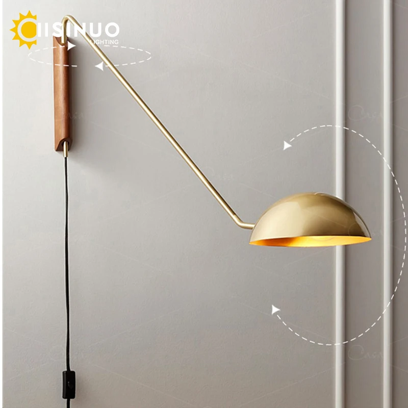 Reading Wall Lamp Rotatable Long Arm Modern Design Gold Black for Living room Sofa Lighting Wall Mounted with Wooden Base 96-240