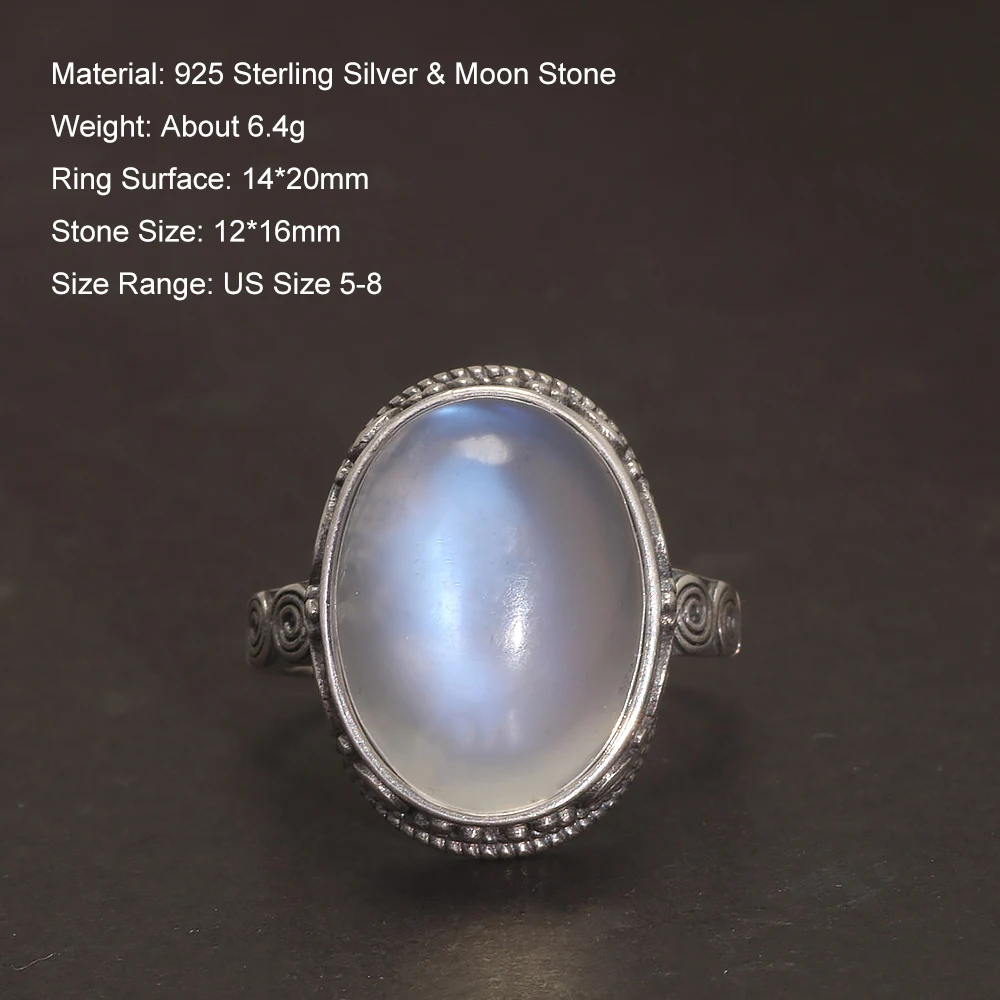 Stamped 925 Sterling Silver Moonstone Ring for Women 12*16mm Oval-Shaped Natural Gemstone Carved Flower Adjustable Vintage Ring