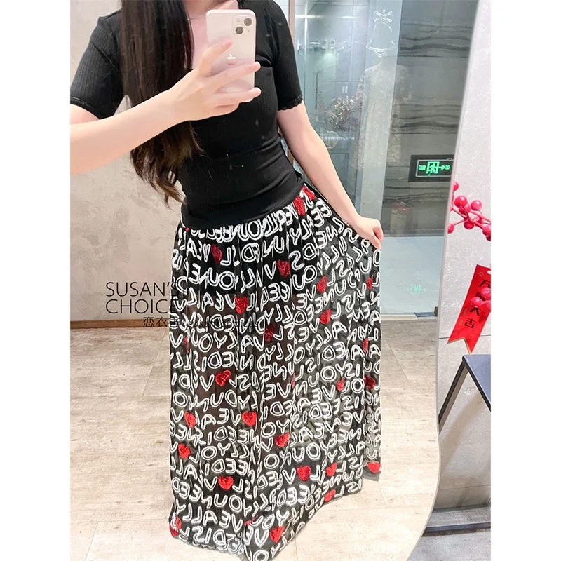 

Susan Faion High Waist Bla Sequin Embroidery Skirt Street Sle Moderni Lettering f-length Gtening Crtsmanip