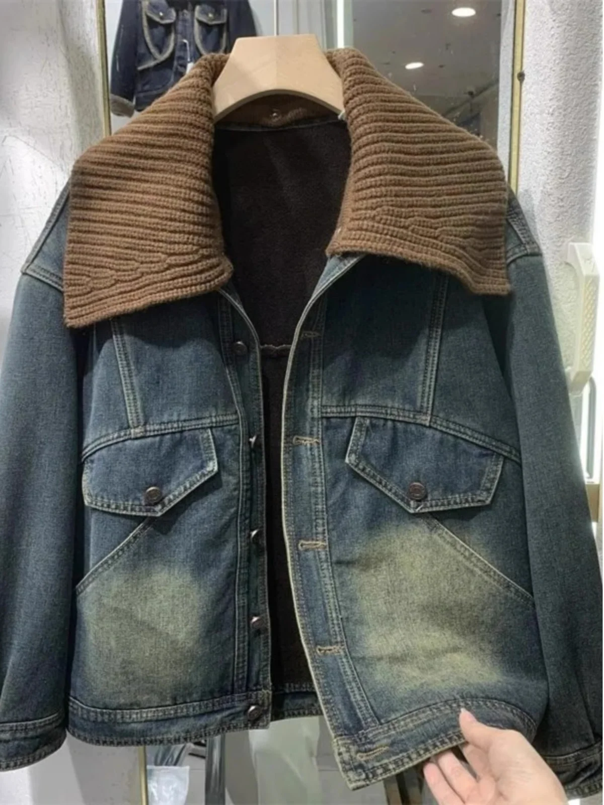 

Lamb Fur Lined Fce Jaet Women's Denim Knitted Thiened Autumn Winter New Sle Hong Kong Sle Loose Fit Parka Top Trendy