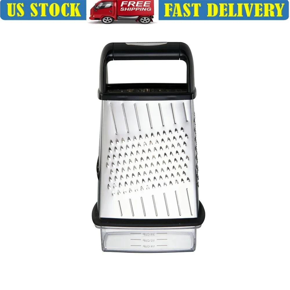 

4 Blade Professional Slim Box Grater Stainless Steel Kitchen Tool Grating Slicing with Non Slip Grip and Storage Container