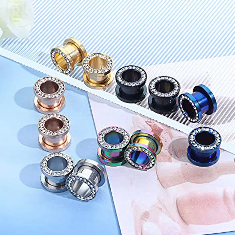 2PCS Ear Tunnel Expander Earrings Stainless Steel with Zircon Plugs Stretcher Piercings Jewelry Double Flared Screw Fit Gauges