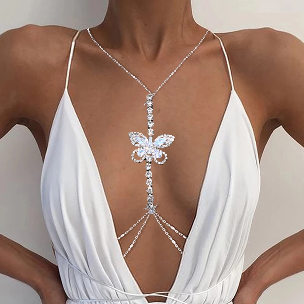 Stonefans Zircon Butterfly Chest Chain Rave Jewelry Festival Crystal Outfit Beach Summer Sexy Bra Chain Necklace Women Clothing