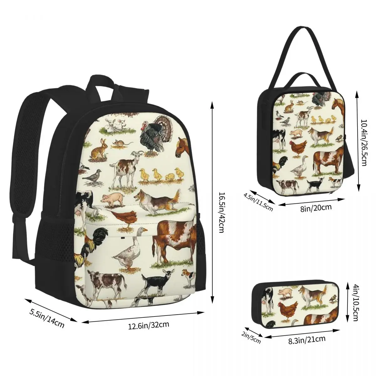 Country Farm Animals Farmhouse Village Pet Backpacks Boys Girls Bookbag School Bags Rucksack Lunch Bag Pen Bag Three-Piece Set