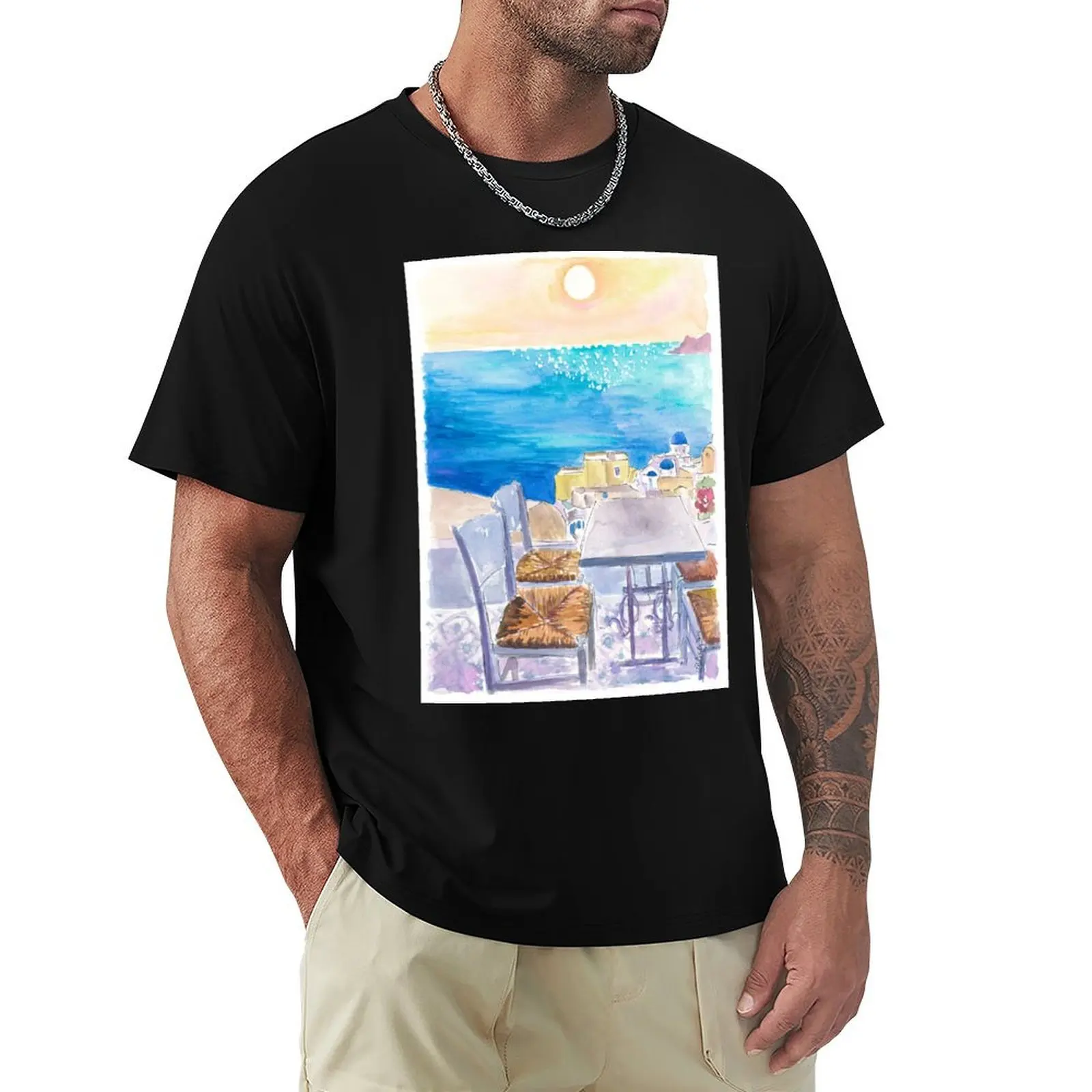 

Table with View in Santorini Oia Waiting for you in the Aegean T-Shirt summer shirt luxury designer mens white t shirts