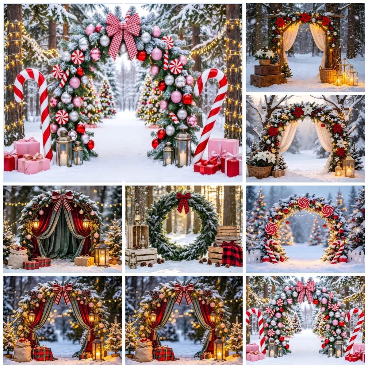 Christmas Snowy Forest Photography Backdrop Candy Cane Arch Pine Decor Holiday Party Family Kids portrait PhotoStudio Background