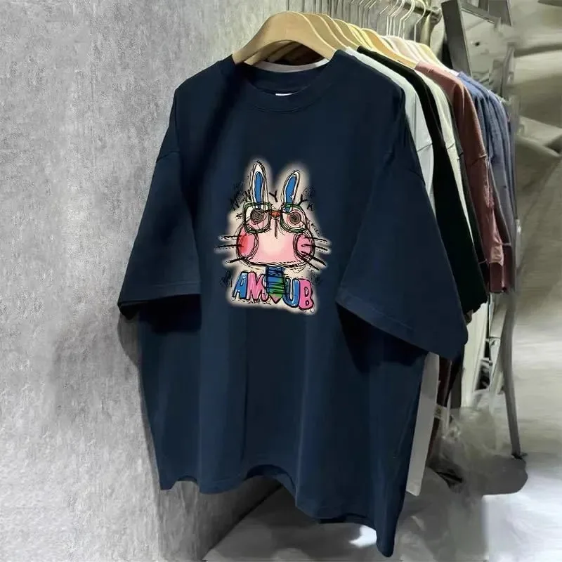 Women Crew Neck Cotton Short Sleeve T Shirt Graffiti Cartoon Rabbit Print Loose Tummy Cover Casual Dark Navy Streetwear Top