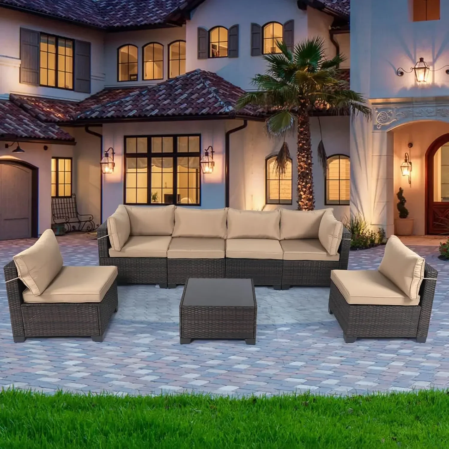 7 Pieces Outdoor Patio Furniture Sets,Rattan Conversation Sectional Set,Manual Weaving Wicker Patio Sofa with Tea Table
