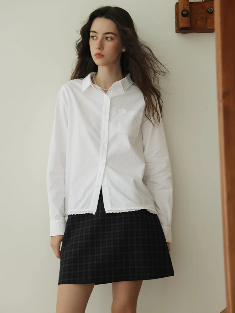 

Весенняя хлопковая блузка с кружевной отделкой, свободного кроя, стройнящая, женская, повседневная, с длинным рукавом, дышащая, комфортная, с открытым воротником