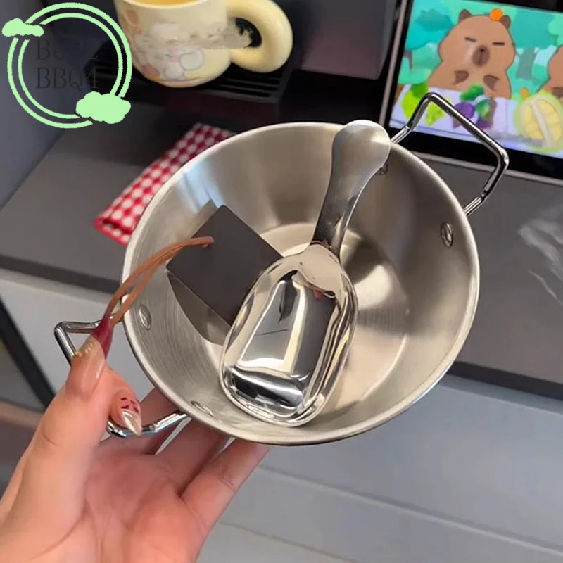 (BBQ4) 1 unidad de tazón de cocina estilo coreano de acero inoxidable duradero, para arroz y vino, plato de aperitivos doméstico con doble asa, tazón para fideos instantáneos